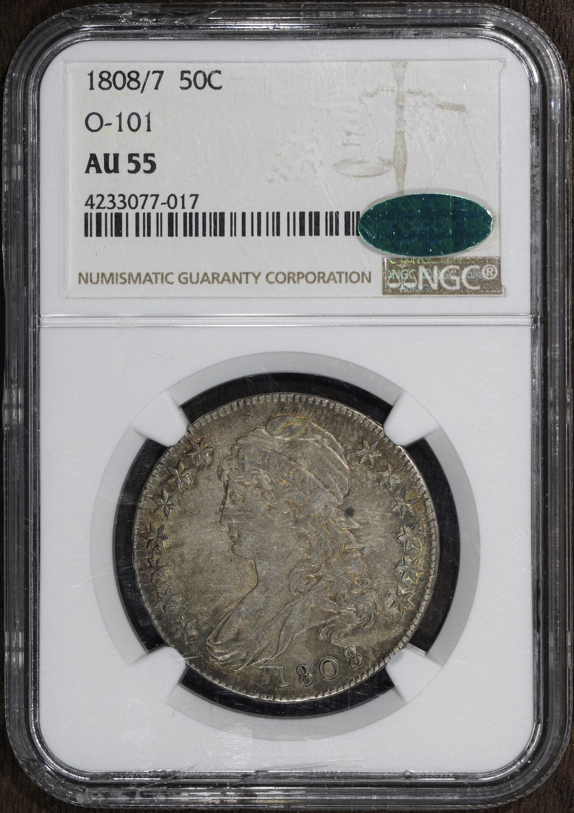 1808/7 (AU55 CAC) Capped Bust Half Dollar 50C NGC - Overdate O-101