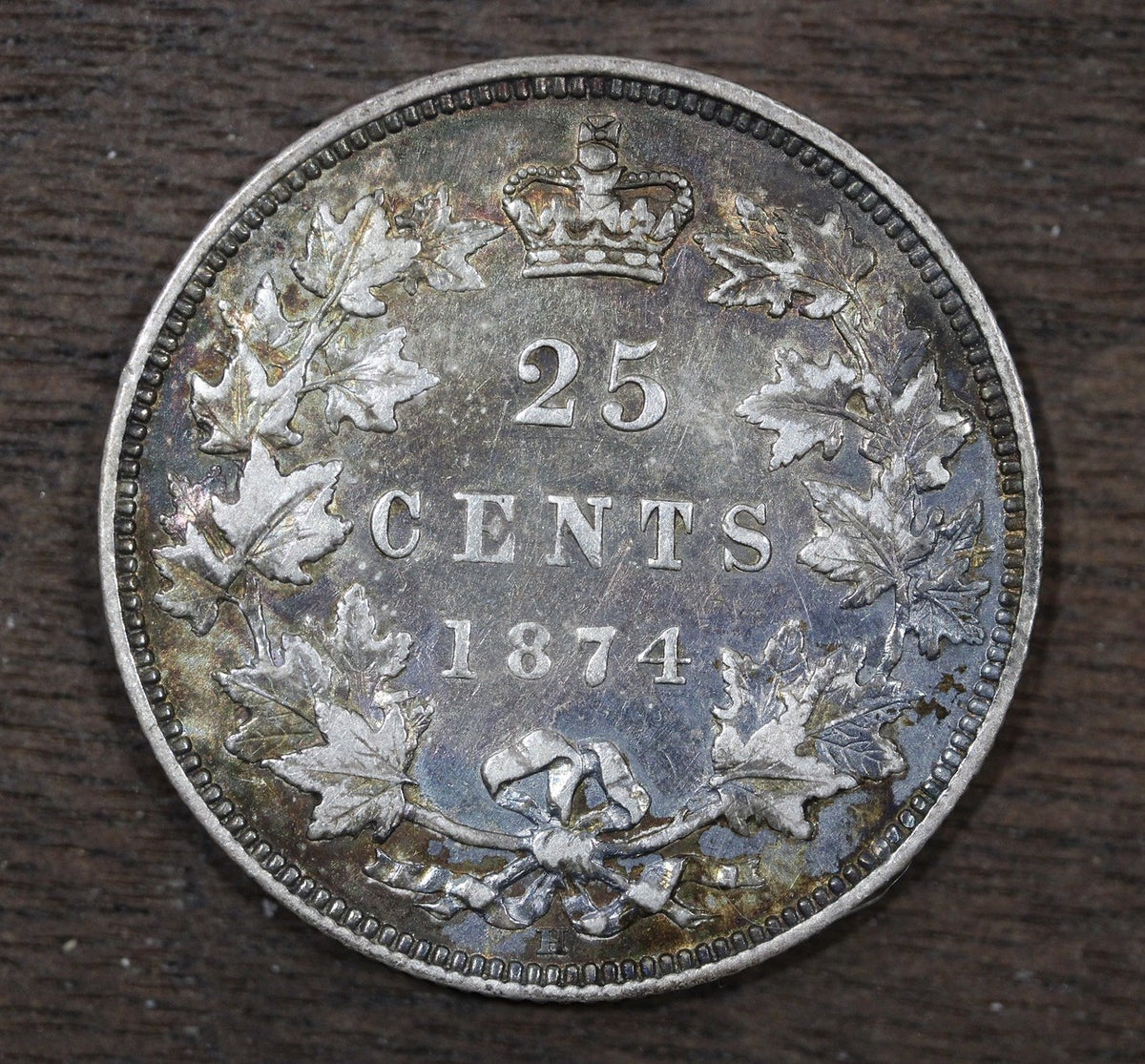 1874-H Canada 25 Cents - Queen Victoria Rainbow Toned Heaton Mint