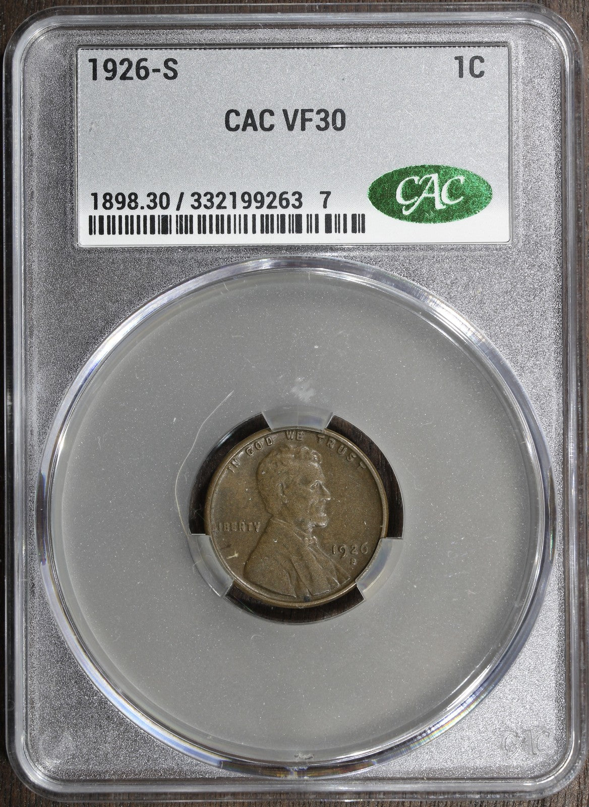 1926-S (VF30 CAC) Lincoln Wheat Cent 1C CACG