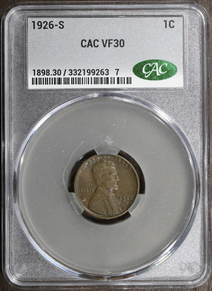 1926-S (VF30 CAC) Lincoln Wheat Cent 1C CACG