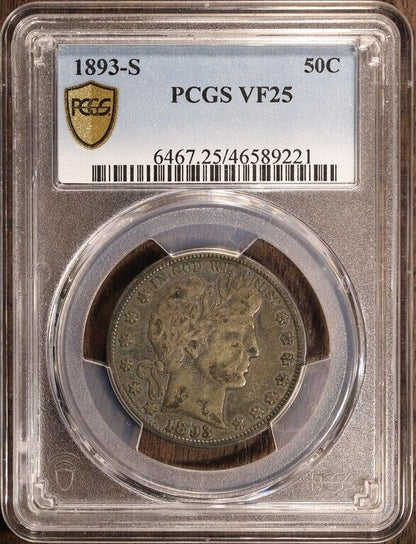 1893-S (VF25) Barber Half Dollar 50C PCGS - Better Date Type Coin