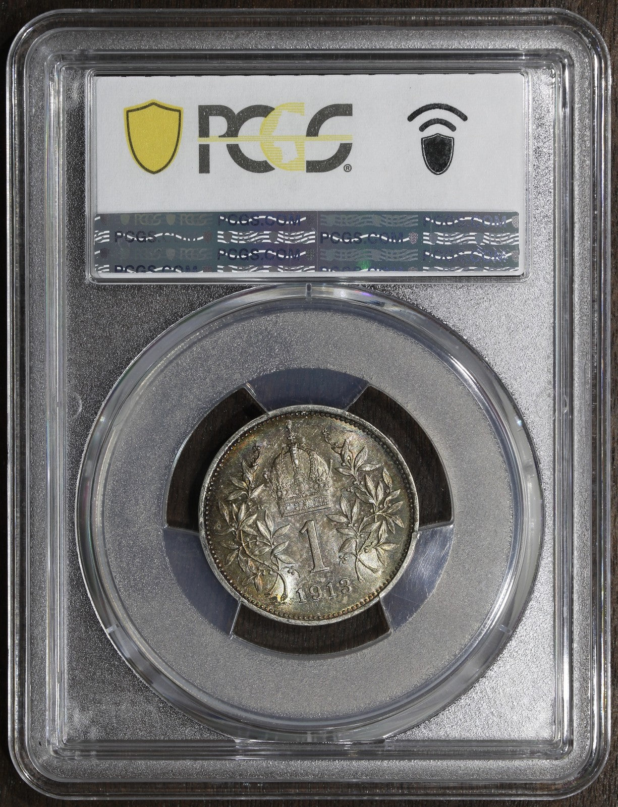 1913 (MS65) Austria Franz Joseph Silver 1 Corona PCGS - Nice Rainbow Toning