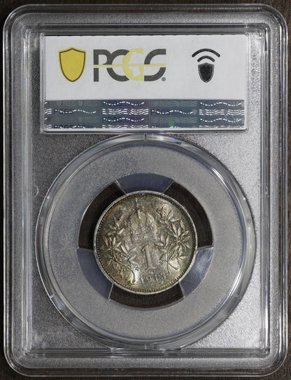 1913 (MS65) Austria Franz Joseph Silver 1 Corona PCGS - Nice Rainbow Toning