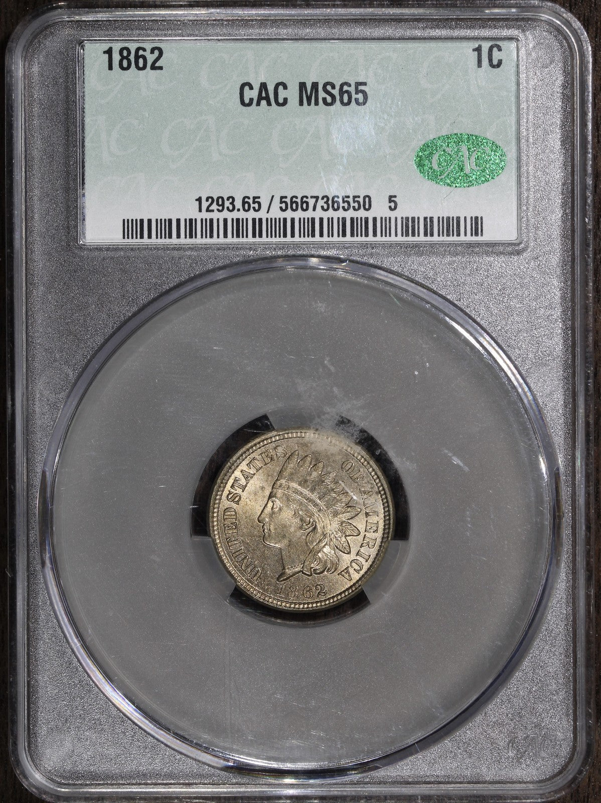 1862 (MS65 CAC) Indian Head Cent 1C CACG - GEM IHC