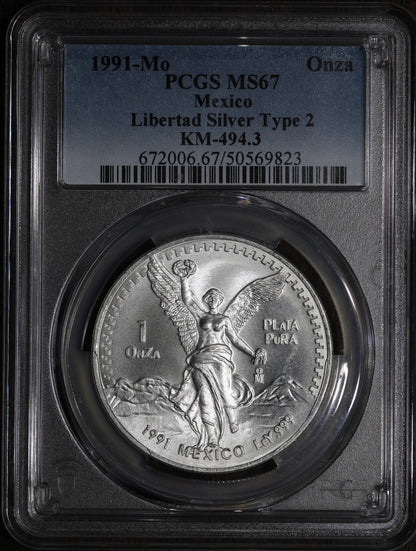 1991-Mo (MS67) Type 2 Mexican Silver Libertad Onza PCGS - Scarce Variety
