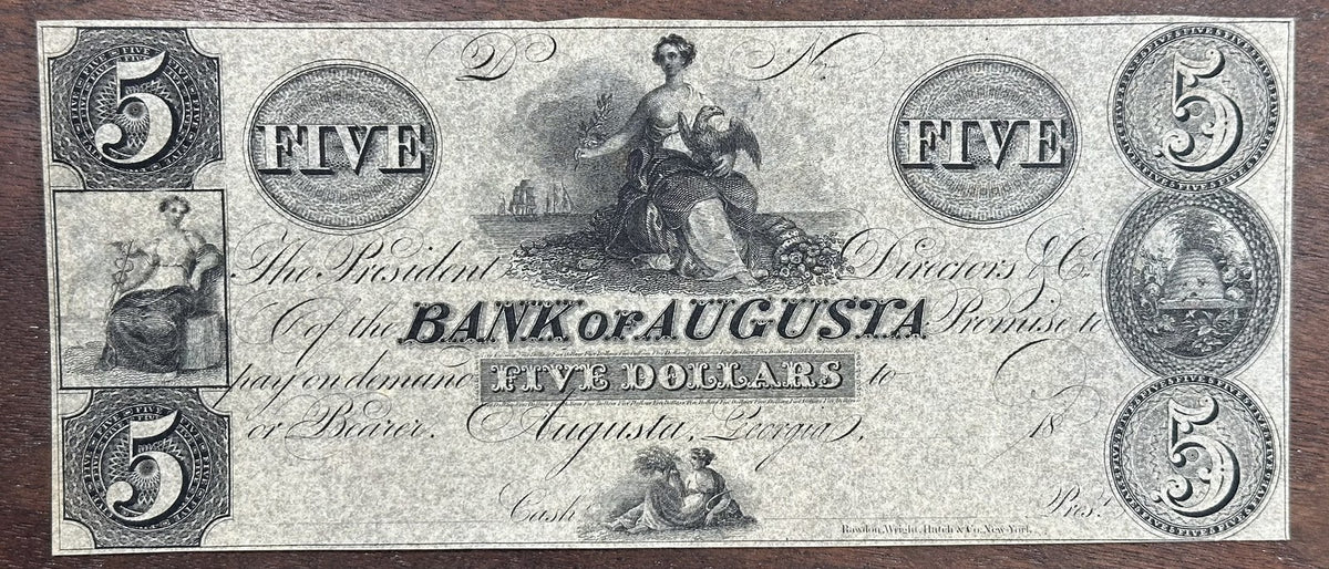 1800's $5 Bank of Augusta Obsolete Bank Note Five Dollars - Remainder