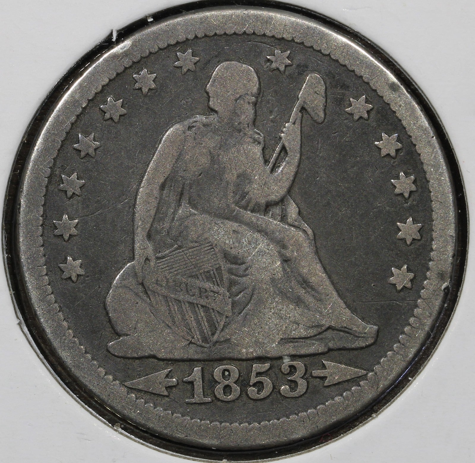 1853 Arrows and Rays Seated Quarter 25C - raw F Fine