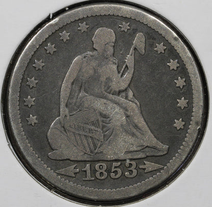1853 Arrows and Rays Seated Quarter 25C - raw F Fine