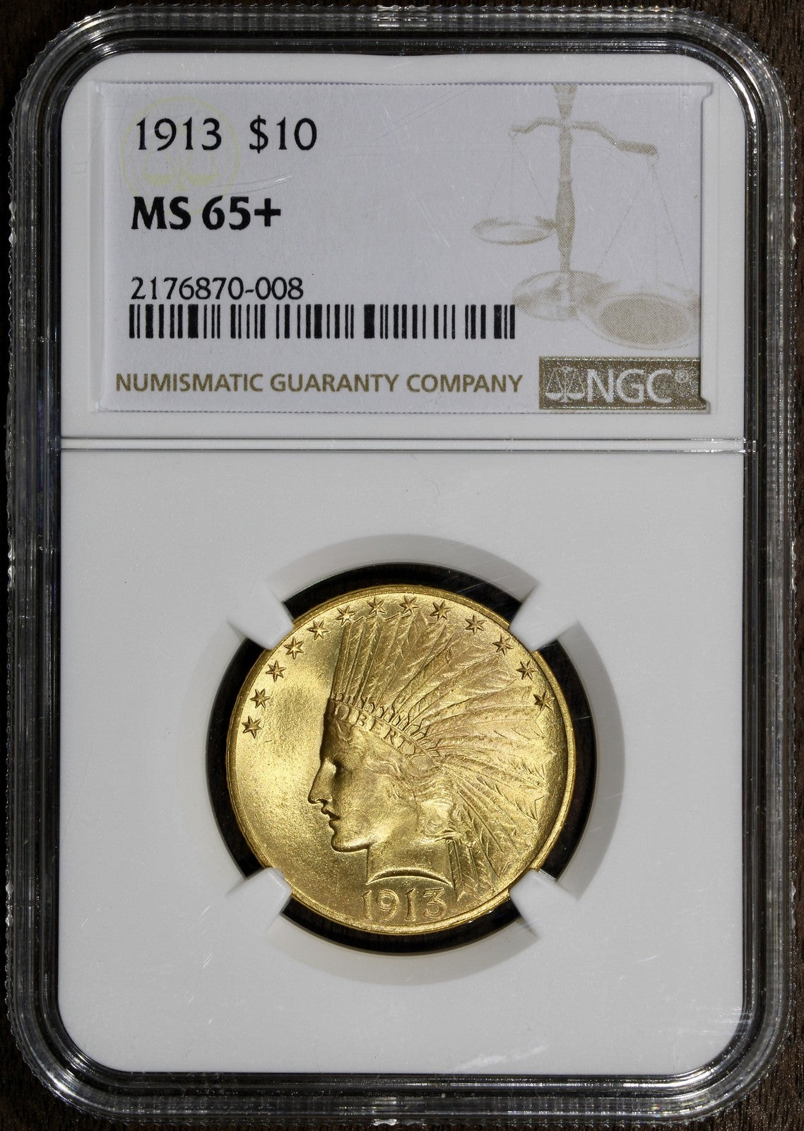 1913 (MS65+) Indian Head Gold Eagle $10 NGC - Flashy Gem!