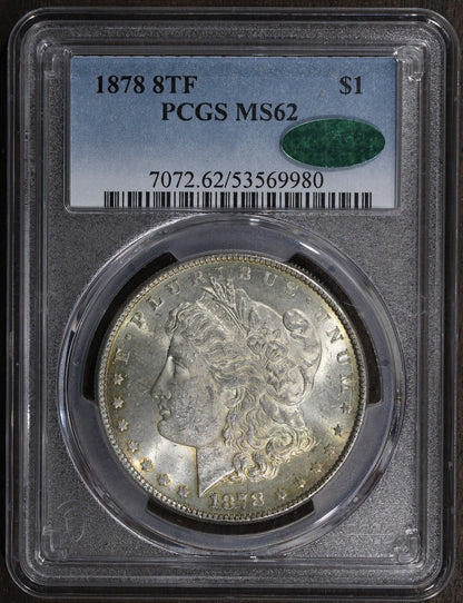 1878 (MS62 CAC) Morgan Silver Dollar $1 PCGS - 8 Tailfeather 8TF