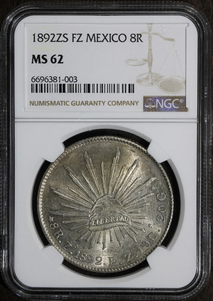 1892 Zs FZ (MS62) Mexico Cap & Rays 8 Reales NGC - Flashy Luster!