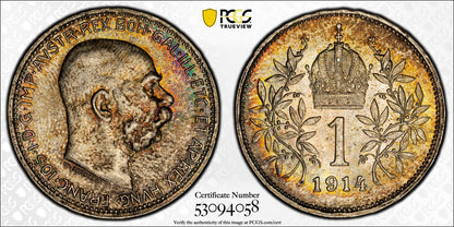 1914 (MS66) Austria Franz Joseph Silver 1 Corona PCGS - Rainbow Toned Top Pop