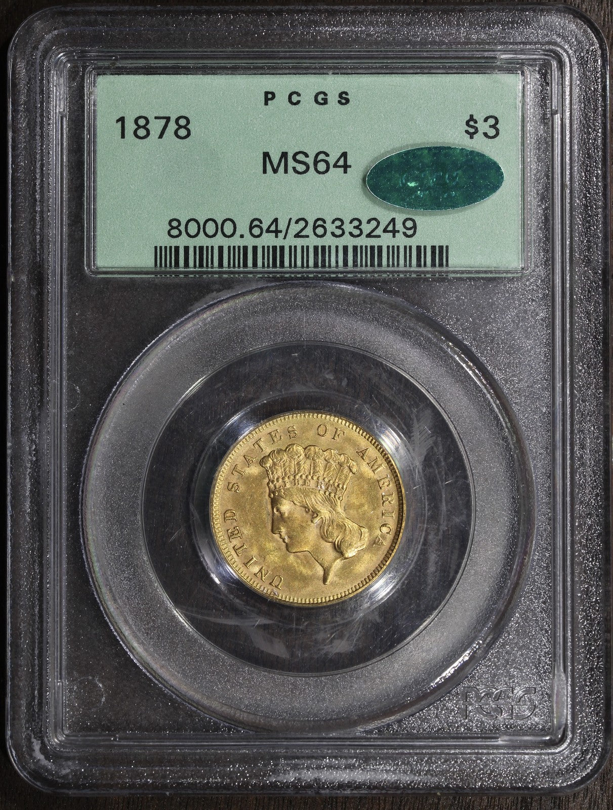 1878 (MS64 CAC) Indian Princess Three Dollar Gold Piece $3 PCGS OGH