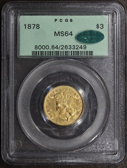 1878 (MS64 CAC) Indian Princess Three Dollar Gold Piece $3 PCGS OGH