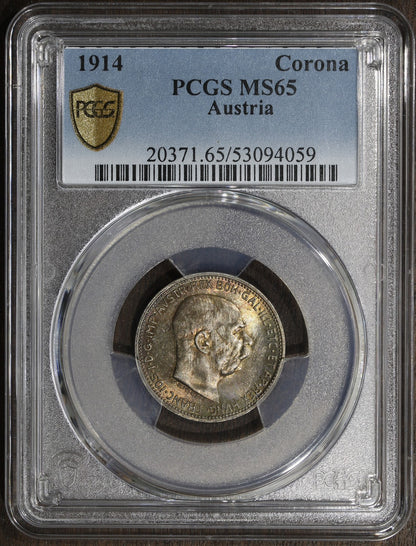 1914 (MS65) Austria Franz Joseph Silver 1 Corona PCGS - Rainbow Toned GEM
