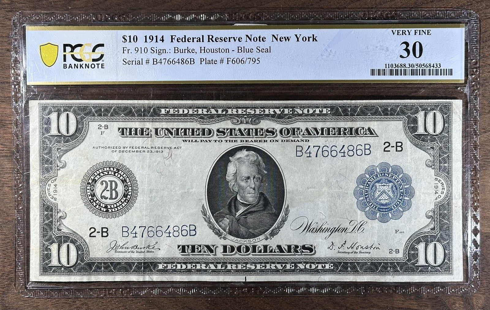 1914 $10 Blue Seal Federal Reserve Note Fr. 910 PCGS VF30