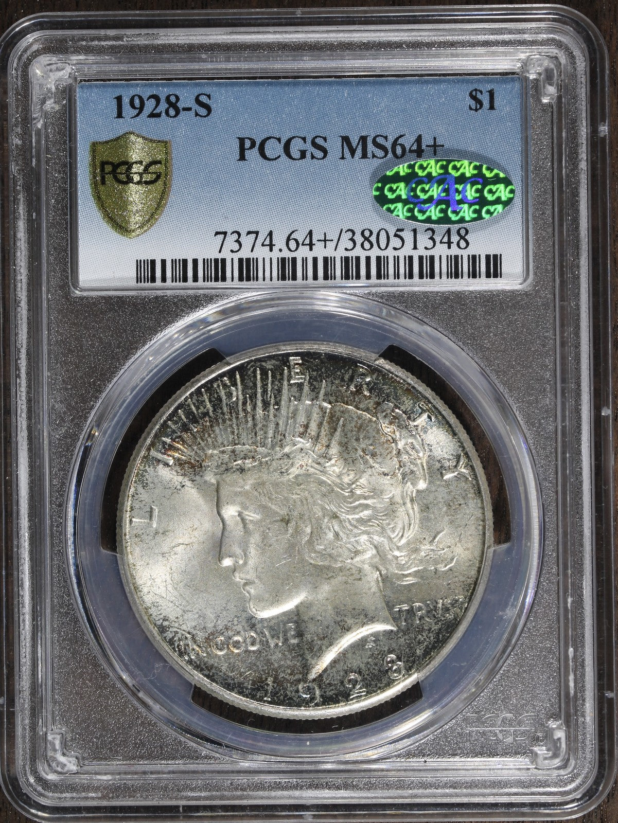 1928-S (MS64+ CAC) Peace Silver Dollar $1 PCGS - Key Date, Plus, COLOR!!