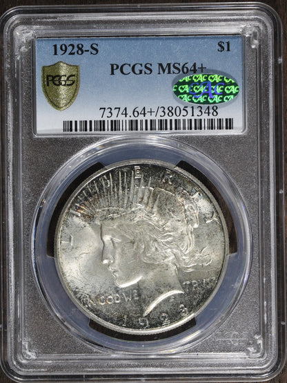 1928-S (MS64+ CAC) Peace Silver Dollar $1 PCGS - Key Date, Plus, COLOR!!