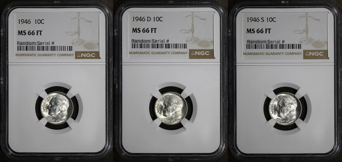 1946-P/D/S (MS66FT) Roosevelt Dime Three Coin Set 10C NGC