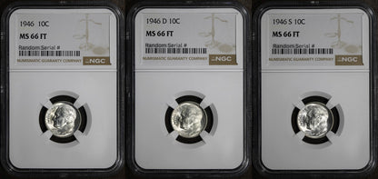 1946-P/D/S (MS66FT) Roosevelt Dime Three Coin Set 10C NGC