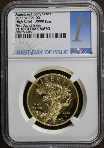 2023-W (PF70) 1 oz High Relief Proof Gold American Liberty $100 NGC FDOI