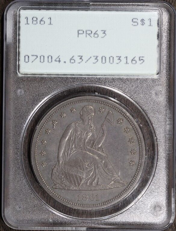 1861 (PR63) Proof Seated Liberty Silver Dollar $1 PCGS OGH Rattler