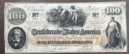 1862 $100 Confederate States America Bank Note Richmond One Hundred Dollars
