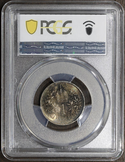 1914 (MS63) Austria Franz Joseph Silver 1 Corona PCGS - Beautiful Toning