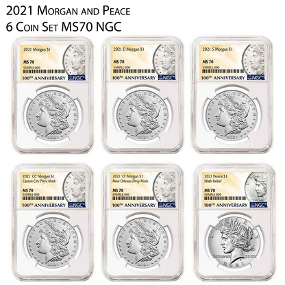 2021 Morgan & Peace Silver Dollars NGC - MS70 - 6 Coin Set P, D, S, O, CC, Peace