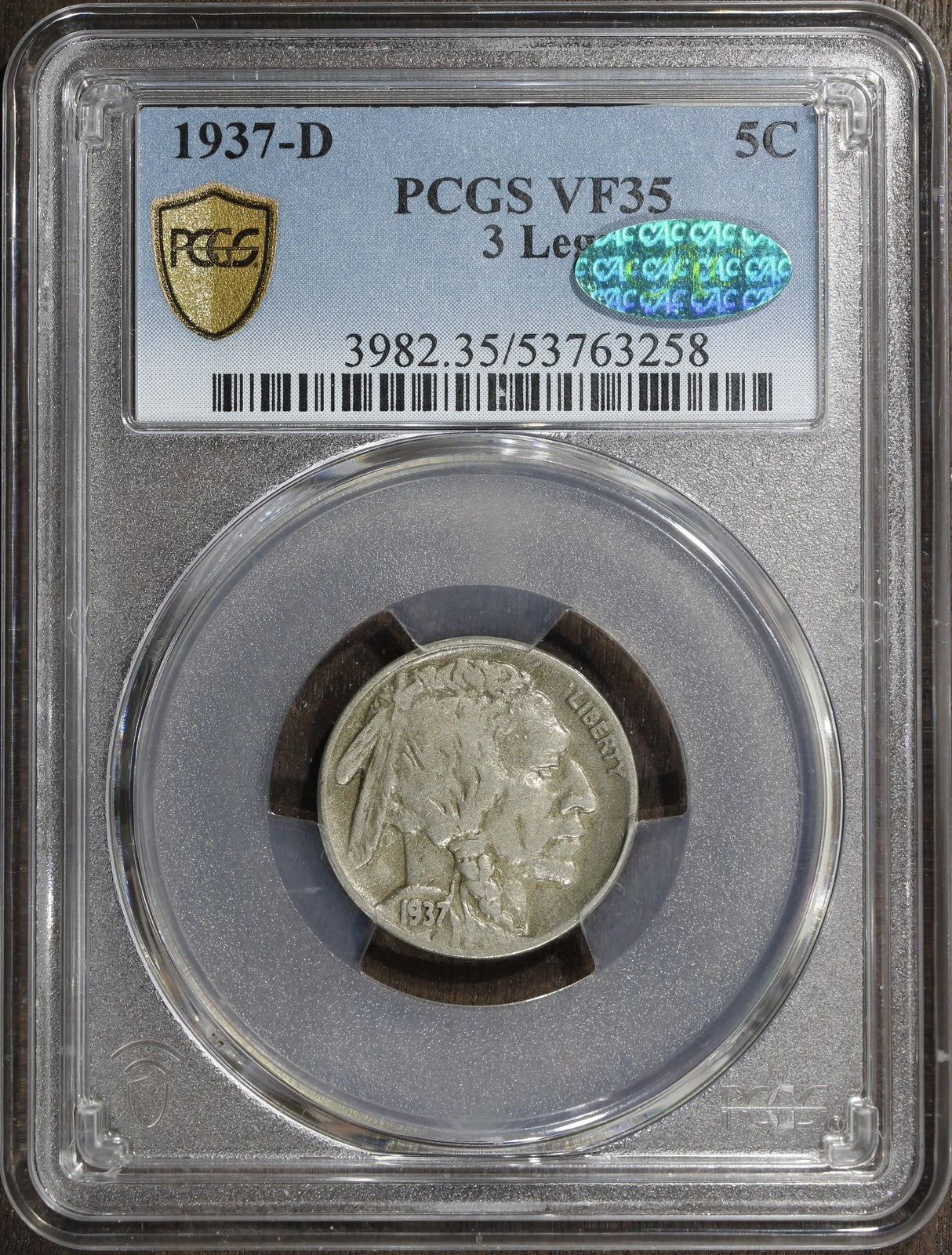 1937-D (VF35 CAC) Three Legged Buffalo Nickel 5C PCGS - 3 Legs