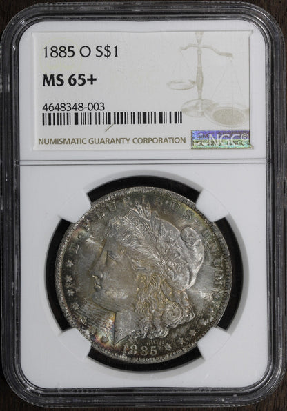1885-O (MS65+) Morgan Silver Dollar $1 NGC - Plus Grade, Rainbow Toned