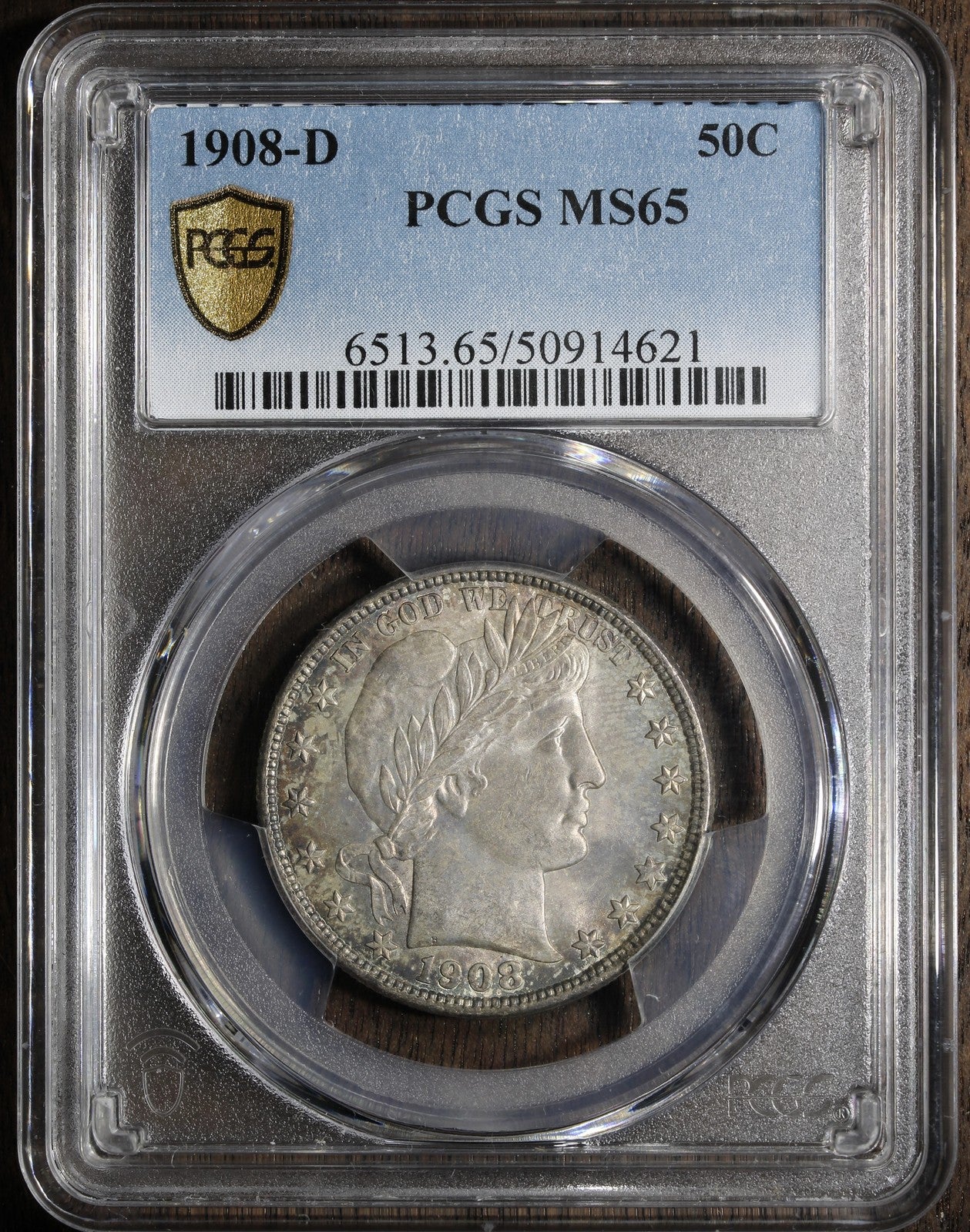 1908-D (MS65) Barber Half Dollar 50C PCGS - Gem Barber Half