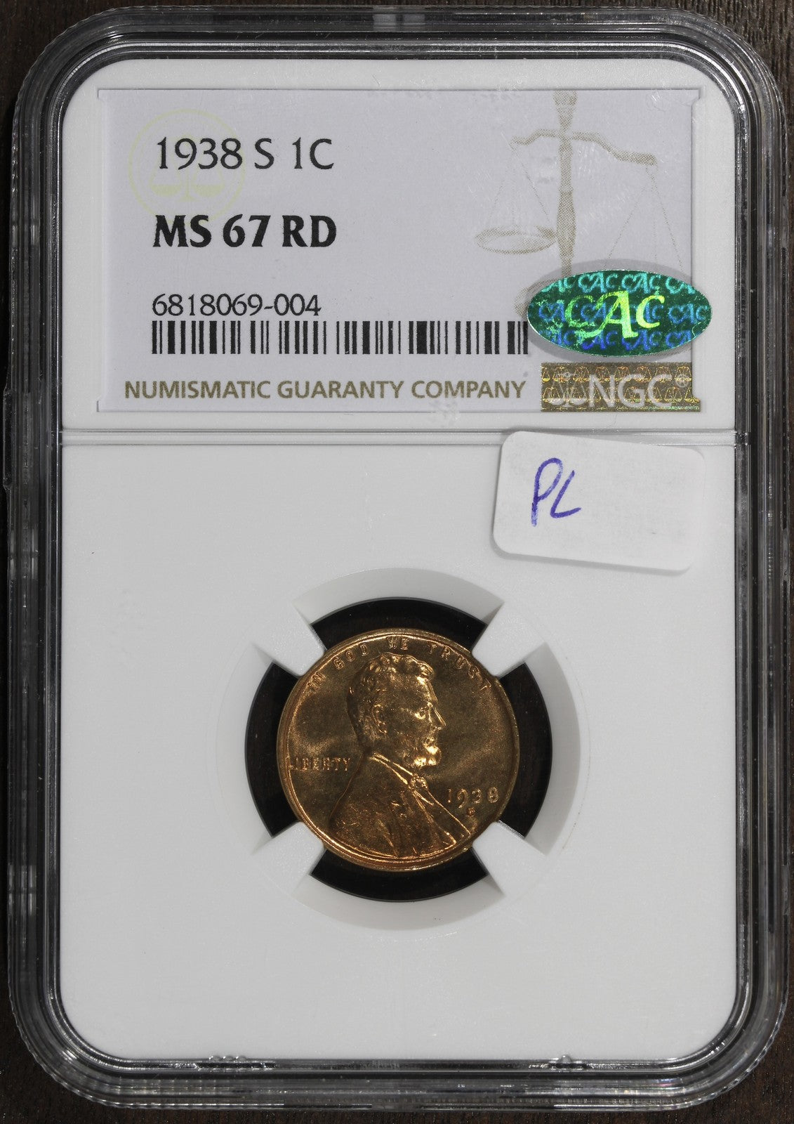 1938-S (MS67RD CAC) Lincoln Wheat Cent 1C NGC - Proof Like Surfaces
