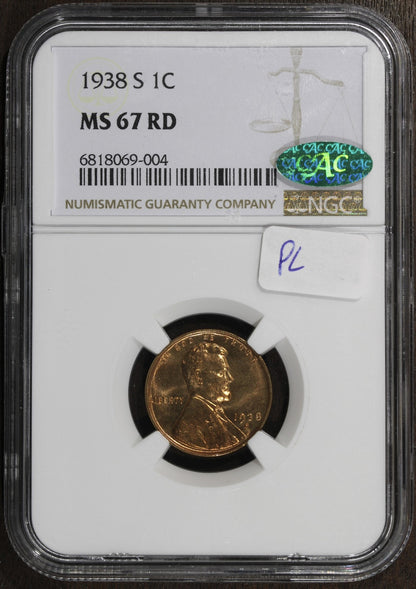 1938-S (MS67RD CAC) Lincoln Wheat Cent 1C NGC - Proof Like Surfaces