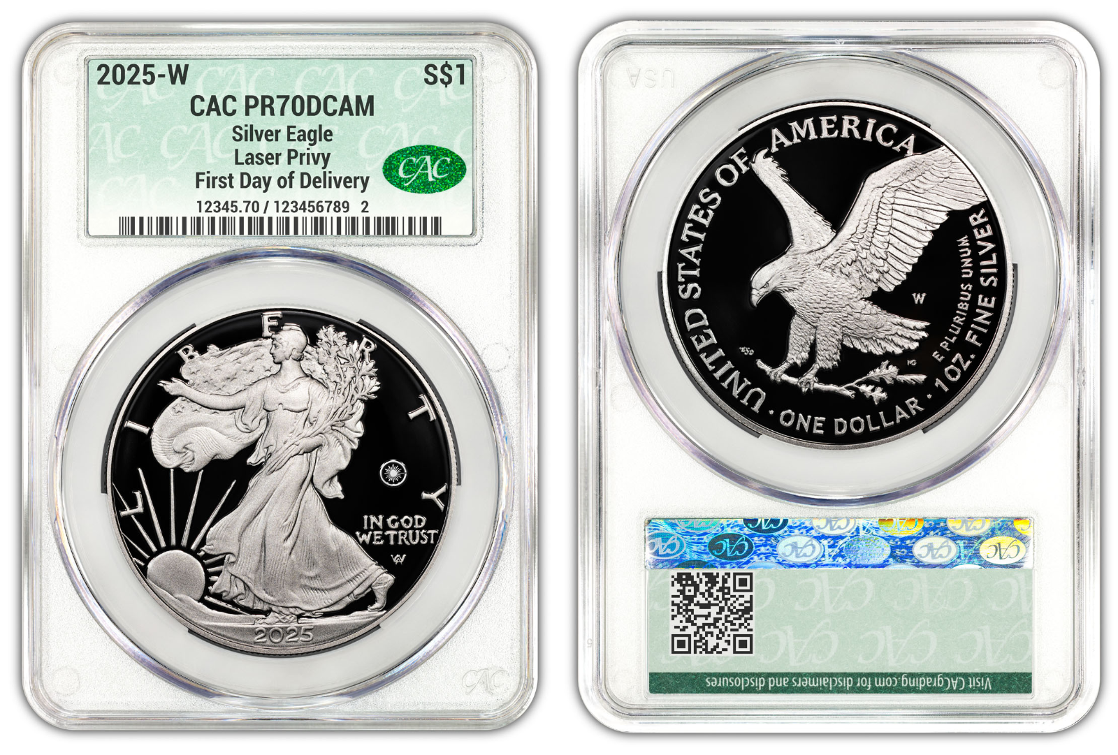 2025-W (PR70) LASER Beam Engraved Privy Proof American Silver Eagle $1 CACG FDOD