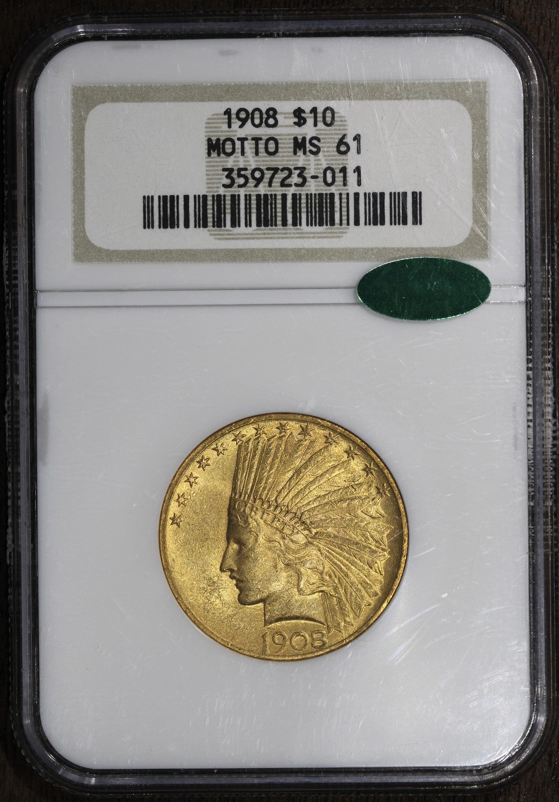 1908 (MS61 CAC) Indian Head Gold Eagle $10 NGC - With Motto