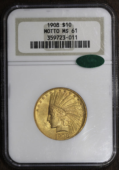 1908 (MS61 CAC) Indian Head Gold Eagle $10 NGC - With Motto