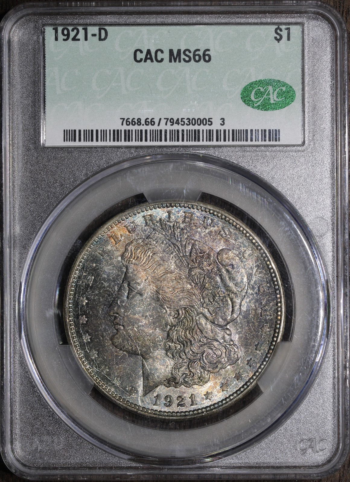 1921-D (MS66 CAC) Morgan Silver Dollar $1 CACG - Stunning Colorful Toning