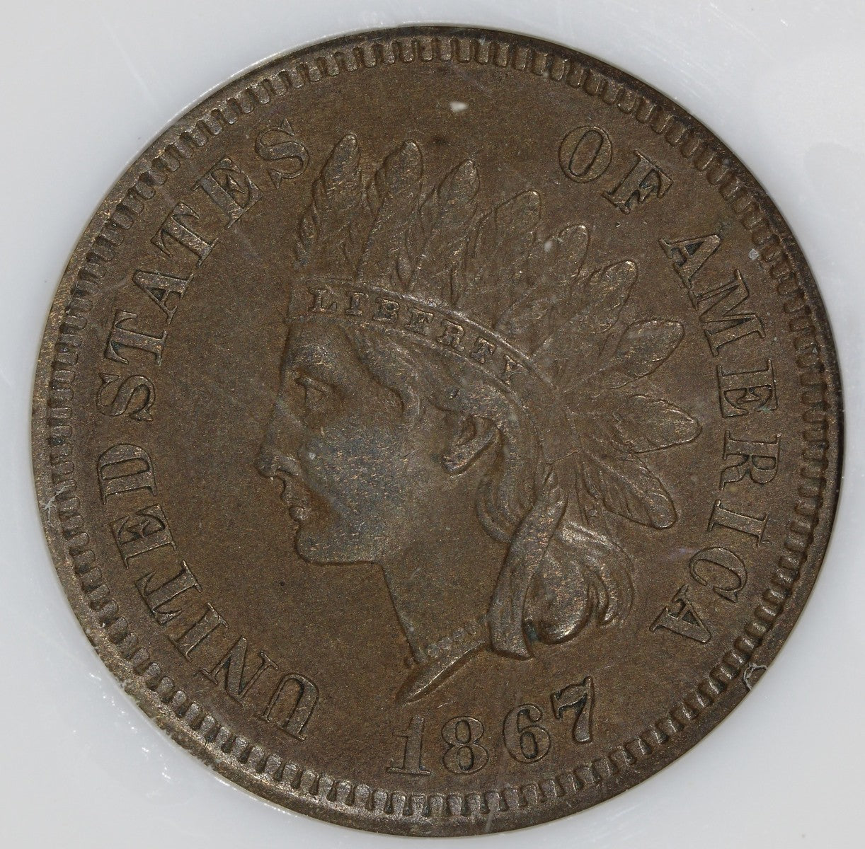 1867 (AU50 BN) Indian Head Cent 1C IHC NGC - Tough Date