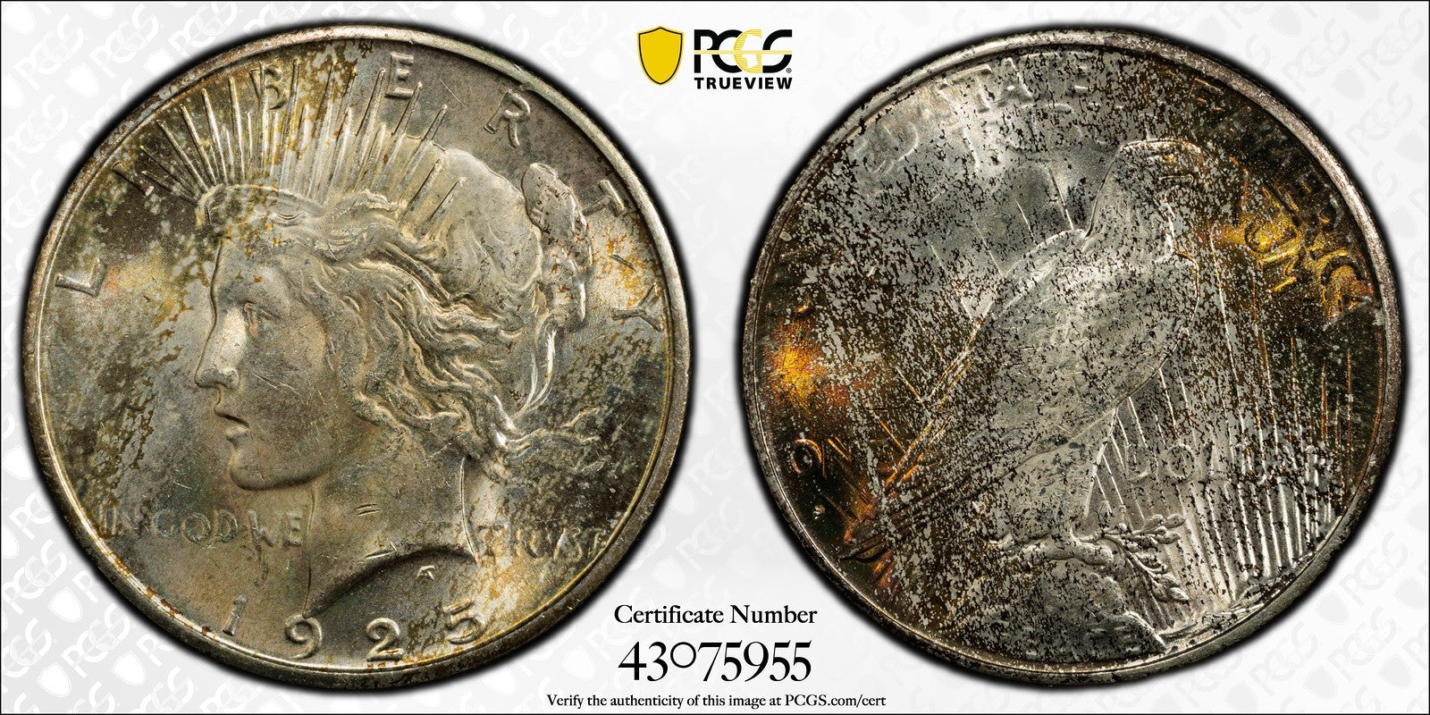 1925-S (MS63) Peace Silver Dollar $1 PCGS - Light Toning, Better Date