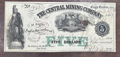 1866 $5 Central Mining Company Obsolete Bank Note - Cancelled Five Dollars