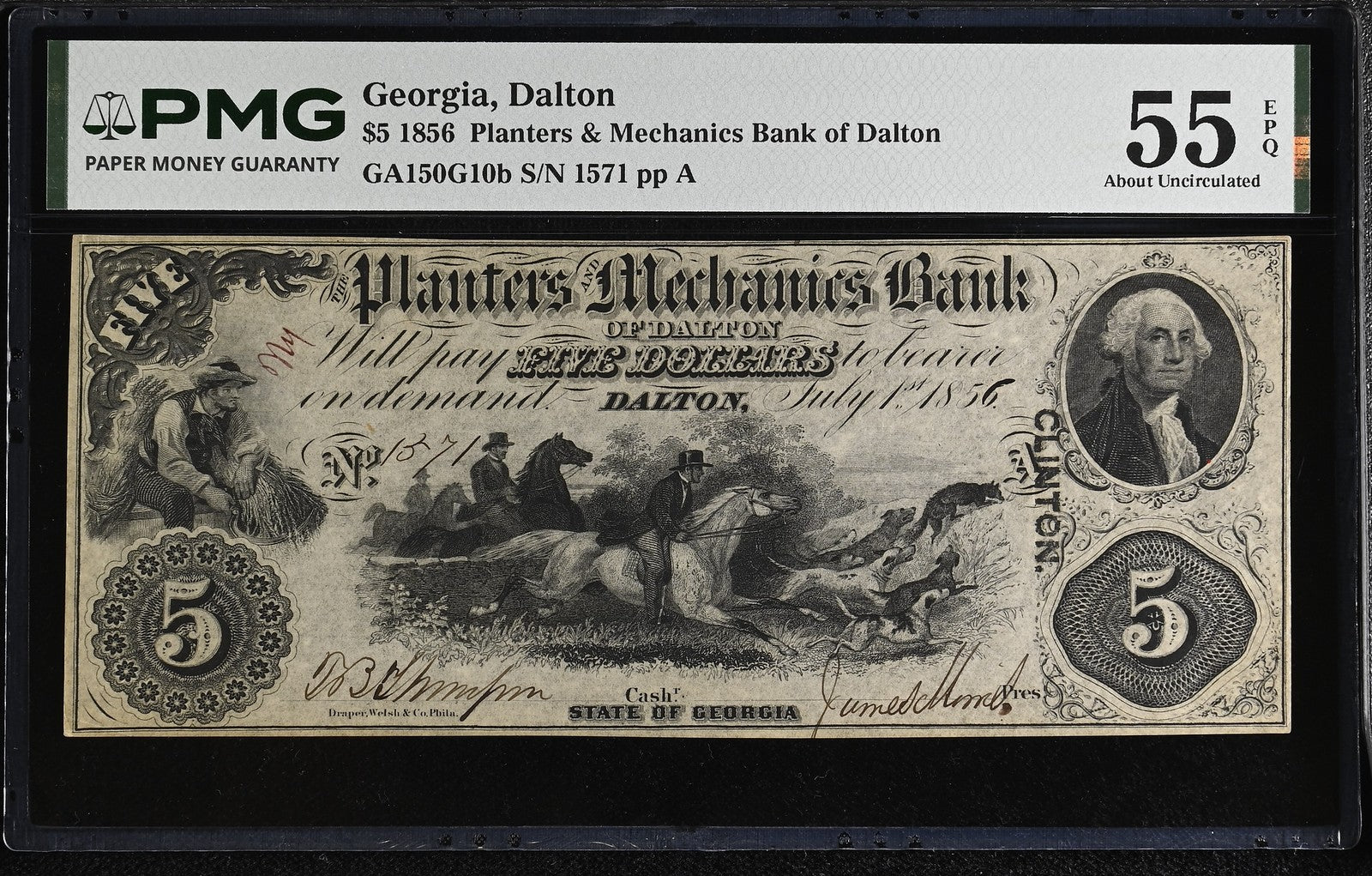 Dalton, Georgia $5 Obsolete Bank Note Planters Mechanics Bank PMG AU55EPQ