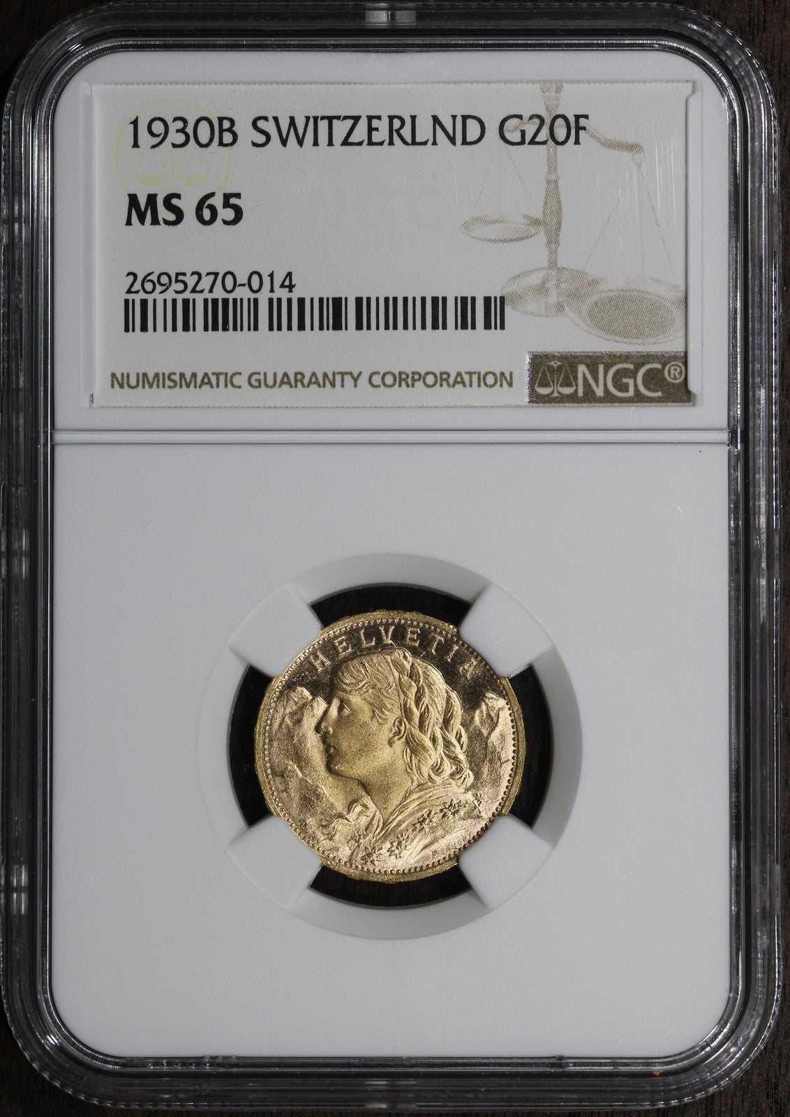 1930-B (MS65) Switzerland Gold 20 Francs 20F NGC - Gem, Prooflike Fields