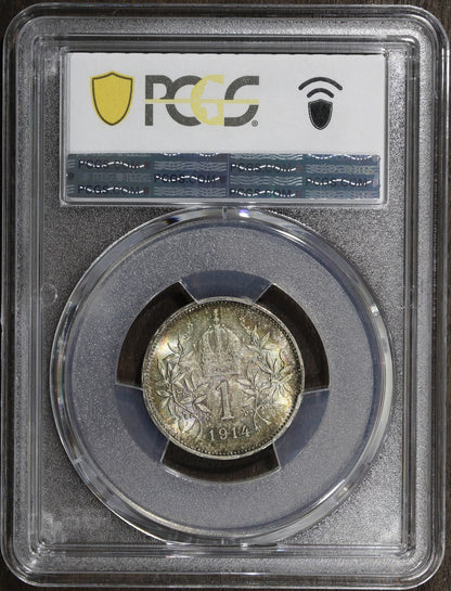 1914 (MS66) Austria Franz Joseph Silver 1 Corona PCGS - Rainbow Toned Top Pop
