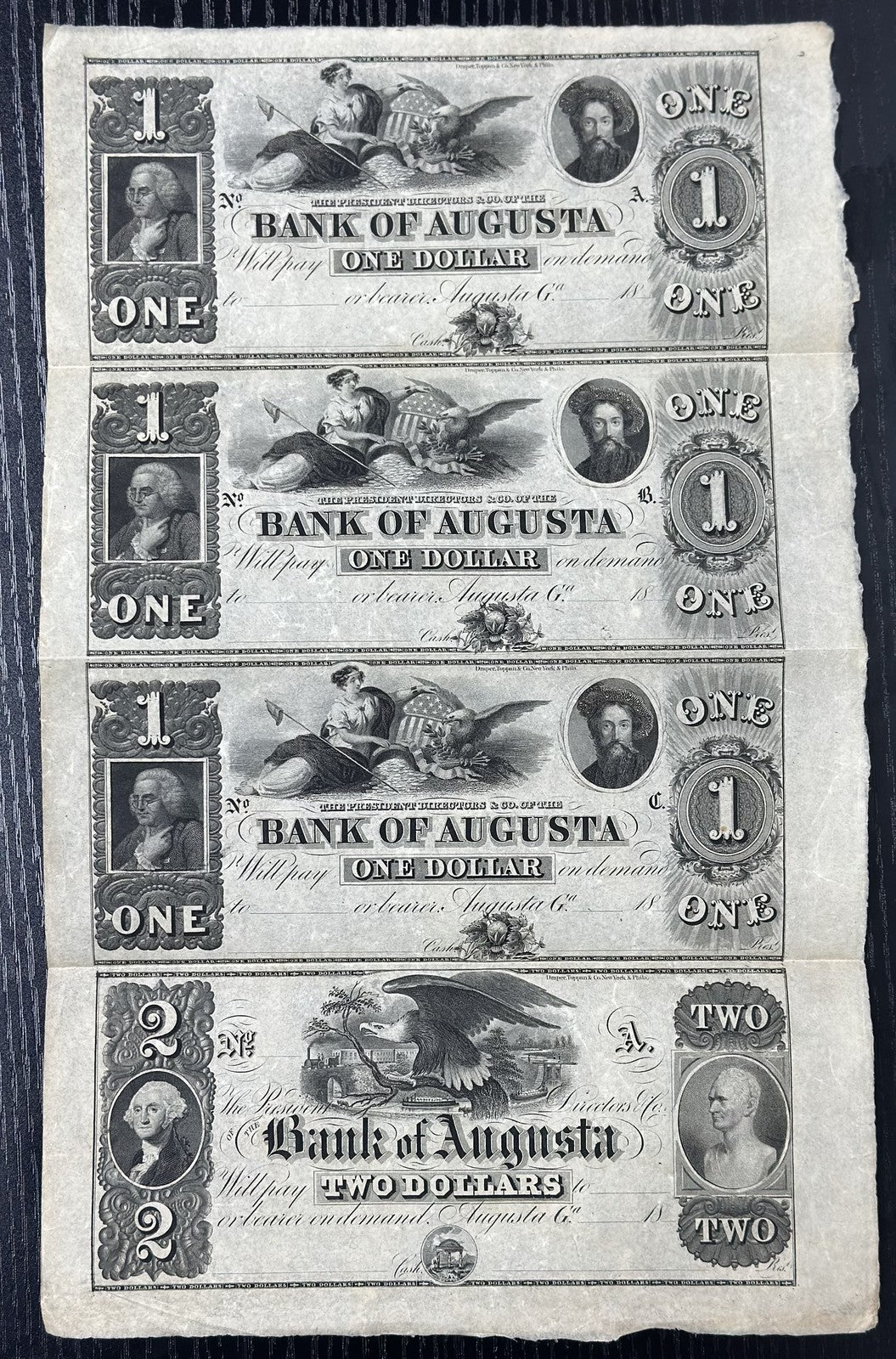 1800's Bank of Augusta Obsoleted Bank Note Uncut Sheet $1,1,1,2 - Remainder