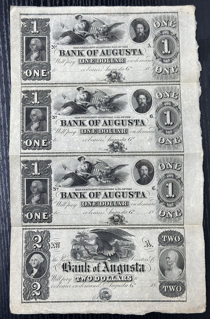 1800's Bank of Augusta Obsoleted Bank Note Uncut Sheet $1,1,1,2 - Remainder