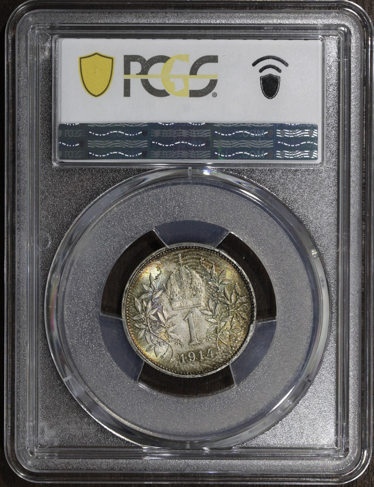 1914 (MS65) Austria Franz Joseph Silver 1 Corona PCGS - RAINBOW TONED GEM