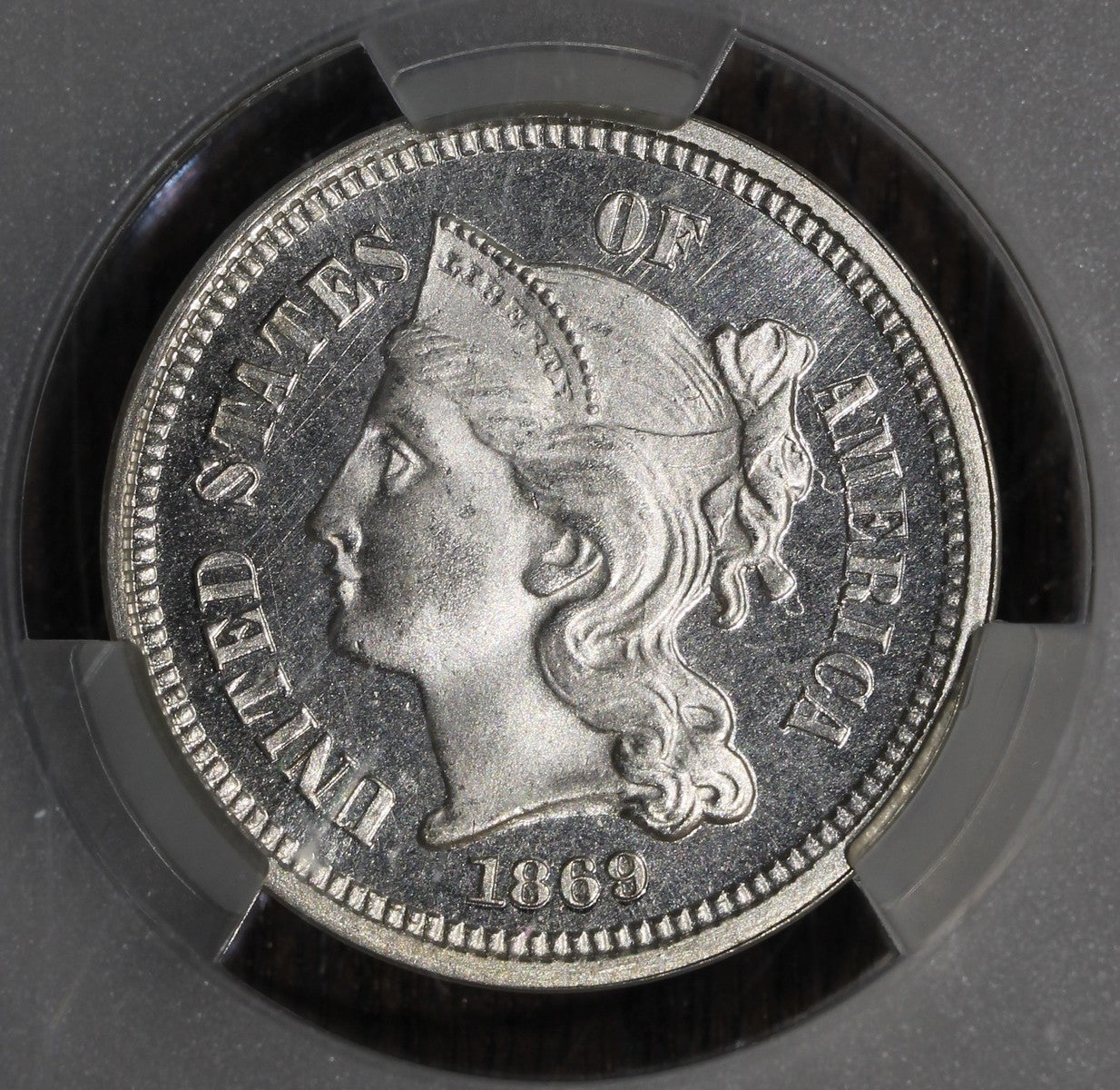 1869 (PR66+ CAMEO CAC) Three Cent Nickel 3C CACG - Frosty Cameo Surfaces