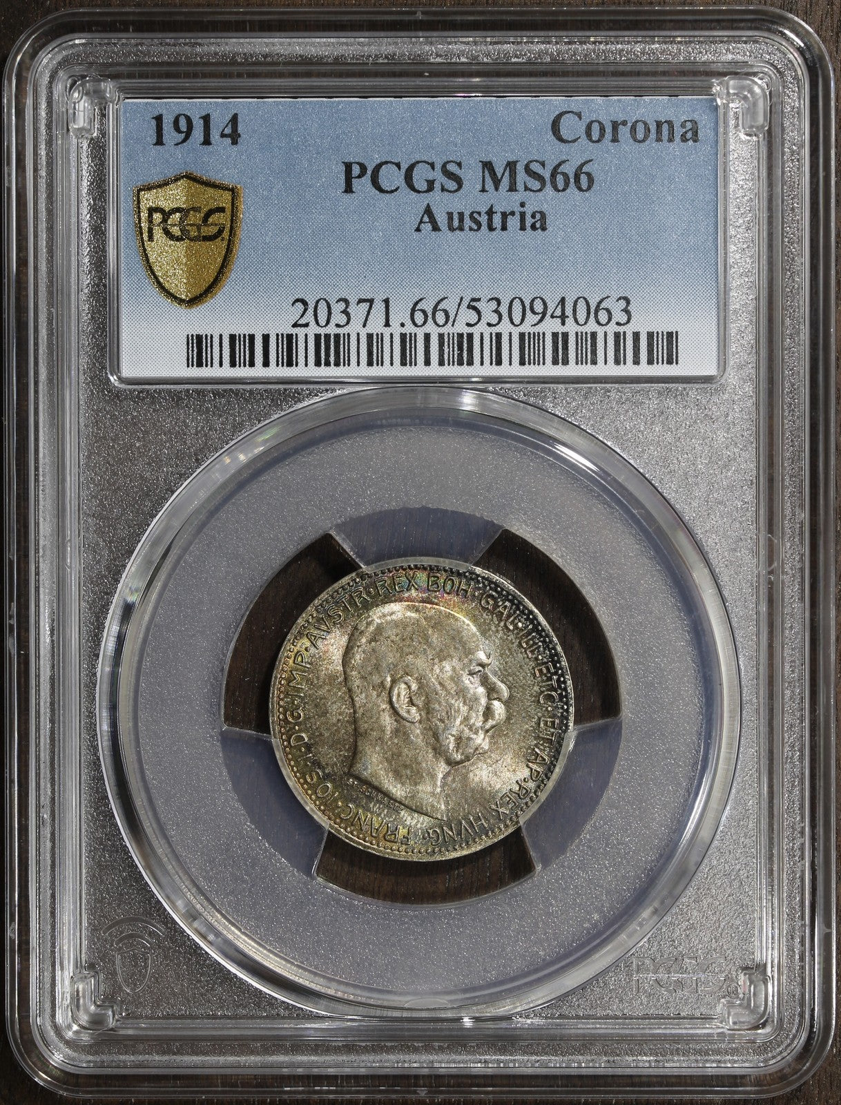 1914 (MS66) Austria Franz Joseph Silver 1 Corona PCGS - Rainbow Top Pop!