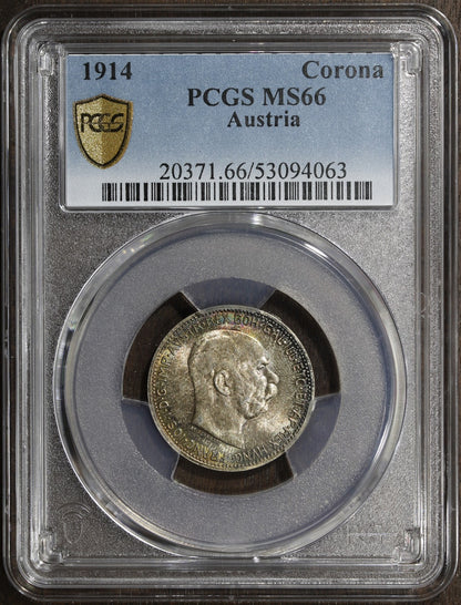 1914 (MS66) Austria Franz Joseph Silver 1 Corona PCGS - Rainbow Top Pop!